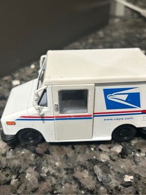 USPS White Mail Truck Toy with Blue & Red Details pull back action working doors